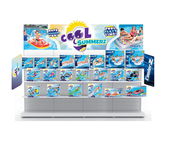 Leslies Pools Cool SummerZ Private Label Multi Generational Lands in over 800 Retail Stores in the Nation Custom Brand Development Naming, Marketing Campaign Logo Brand Identity and Packaging Design, Style Guide Key Messaging Planogram Logo Brand Identity